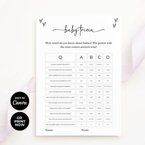 Baby Shower Trivia Game, Baby Shower Games, Baby Shower Trivia Template,Trivia Questions, Trivia Game Template