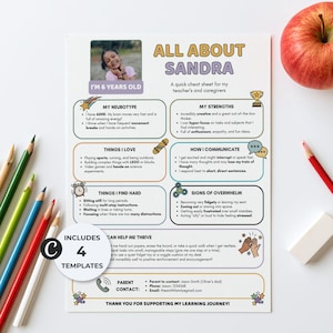 May include: A printable All About Sandra cheat sheet for teachers and caregivers featuring a photo of a child, sections for neurotype, strengths, interests, communication, and needs, with a circular badge stating Includes 4 Templates.