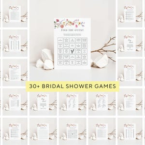 May include: A collection of bridal shower games, including a "Find the Guest" game, displayed on white cards. The cards feature floral designs and are arranged with decorative elements. The text "30+ BRIDAL SHOWER GAMES" is displayed in a yellow banner.