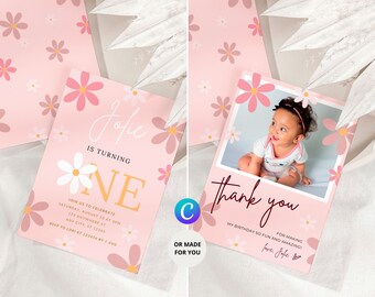May include: Pink and white floral birthday invitation with the text "Jole is turning one" and a large white daisy with a gold "one" in the center. The invitation includes details for the birthday party, including the date, time, and location.