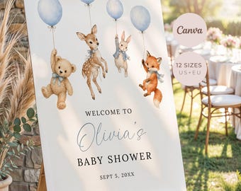 Boy Baby Shower Welcome Sign, Editable Canva Template, Digital Printable Download