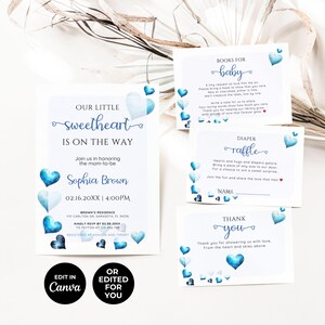 Ensemble d'invitations modifiable pour baby shower de la Saint-Valentin, invitation baby shower coeur bleu, lot Evite avec carte livre, tombola de couches, carte de remerciement