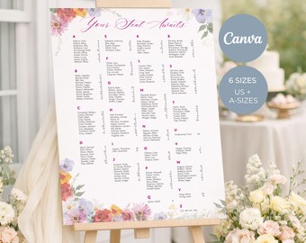 Floral Wedding Seating Chart, Editable Table Plan Canva Template, Printable Sign