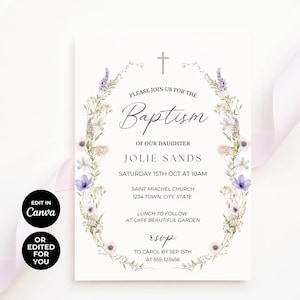 Wildflower Baptism Invitation, Editable Baptism Invite, Floral Baptism Template, Canva Baptism Invitation, Baby Baptism Announcement