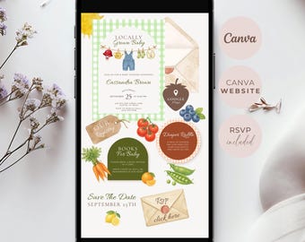 Faire-part de fête prénatale cultivé localement, invitation au marché de producteurs, modèle de toile modifiable, RSVP avec suivi