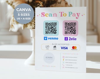 Letrero Rainbow Scan to Pay, código QR, plantilla editable de Canva, descarga digital imprimible