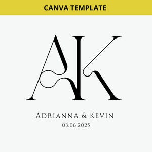 May include: A wedding monogram with the initials "AK" in a stylized font. The text "Adrianna & Kevin" and the date "03.06.2025" are below the monogram.