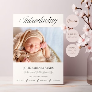 Photo Baby Announcement, Birth Announcement Card, Editable Canva Template, Digital Printable Download