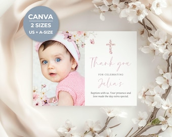 Pink Floral Baptism Thank You Card, Christening Editable Canva Template