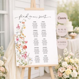 May include: A white wedding seating chart on an easel, featuring floral accents and the words "find your seat." The chart lists names under numbers one through ten. Additional text indicates 8, 10, and 12 tables and 12 sizes, US+EU.
