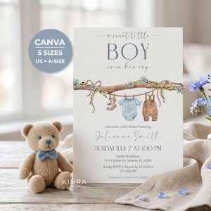 May include: A baby shower invitation card featuring the text A sweet little BOY is on his way, with a watercolour illustration of a branch holding a teddy bear, a blue polka dot onesie, and brown overalls, plus event details for Julianna Smith.
