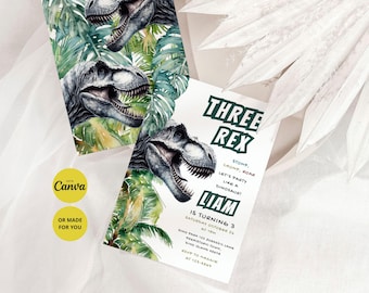 Three Rex Dinosaur 3rd Birthday Invitation: Canva Template (Digital Download)
