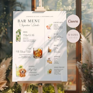 May include: A white bar menu sign titled Signature Drinks for Josephine and Liam, dated 15 September 20XX. It lists cocktails, wine, beer, spirits, and zero-proof options with watercolour illustrations of drinks and a dog, plus ingredient descriptions.