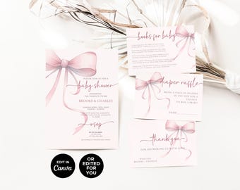 Editable Pink Bow Baby Shower Invitation, Minimalist Watercolor Ribbon Design, Blush Baby Shower Invite, Customizable Template