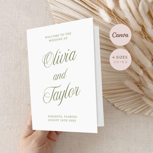 May include: A white wedding programme card featuring the text WELCOME TO THE WEDDING OF, the names Olivia and Taylor in a large green script font, and the location Sarasota, Florida, August 24th 20XX printed in a smaller, simple sans-serif font.