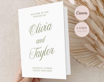Green Calligraphy Wedding Program, Minimalist Ceremony Booklet, Editable Canva Template, Digital Printable Download