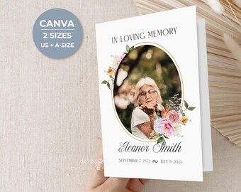 Floral Funeral Program Editable Canva Template, Printable Order Of Service