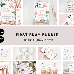 May include: A printable first birthday party bundle with an under the sea theme. The bundle includes a welcome sign, invitation, food labels, cupcake toppers, water bottle labels, thank you tags, and a banner. The design features watercolor illustrations of an octopus, whale, seahorse, and other sea creatures in pink, blue, and green.