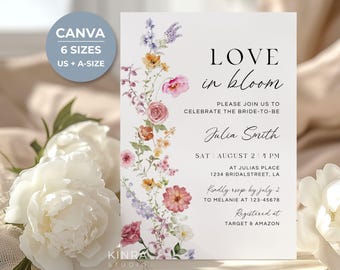 Könnte beinhalten: Eine weiße Einladungskarte für eine Brautparty mit einem vertikalen Arrangement aus Aquarell-Wildblumen in Rosa-, Gelb- und Violetttönen. Der Text lautet LOVE in bloom, PLEASE JOIN US TO CELEBRATE THE BRIDE-TO-BE, Julia Smith, SAT AUGUST 2 4 PM.