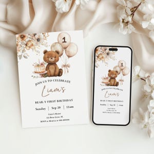 Bearbeitbare Bären-Geburtstagseinladung, benutzerdefinierte Geburtstagseinladung zum Thema Bär, Baby's Geburtstag druckbar