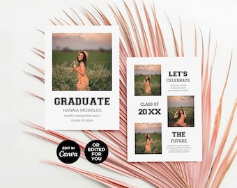 May include: A graduation announcement with a photo of a woman in a peach dress and a straw hat. The announcement says "Graduate" in bold black letters, "Hanna Morales", "North Mountain High", and "Class of 20XX". The announcement also includes a photo collage of the graduate in different poses. The text on the announcement says "Let's Celebrate" and "The Future".