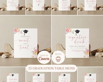 Pink Floral Graduation Table Signs Bundle, Editable Canva Templates, Digital Printable Download