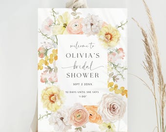 Placa de boas-vindas floral para chá de panela: decoração de flores silvestres em pêssego amarelo (para impressão)