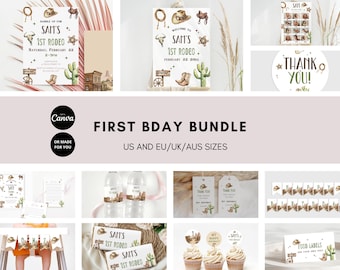 May include: A collection of rodeo-themed party supplies, including invitations, signs, water bottle labels, cupcake toppers, and banners. The designs feature cowboy hats, boots, cacti, and the text "First Bday Bundle".