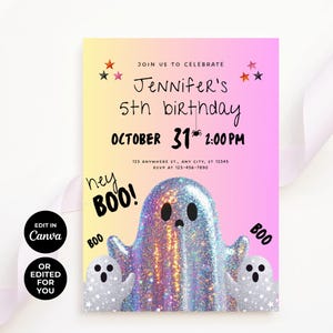 Editable Halloween Birthday Invitation, Holographic Glitter Halloween Invite, Birthday Evite, Canva Template, Printable