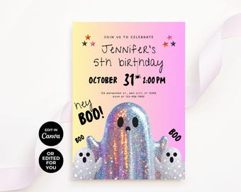Holographic Glitter Ghost Halloween Birthday Invitation, Editable Canva Template