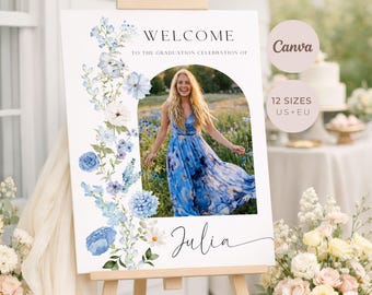 Blue Floral Graduation Welcome Sign, Photo Poster, Editable Canva Template, Digital Printable Download
