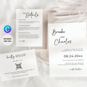 Ensemble d'invitation de mariage minimaliste, faire-part modifiable, RSVP avec code QR, carte détaillée, papeterie de mariage moderne, mariage minimaliste