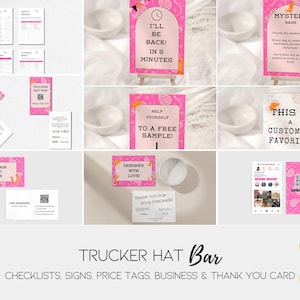 Pacote de itens essenciais para eventos de bar de chapéu de caminhoneiro | Listas de verificação rosa, placas, cartão de agradecimento, cartões de visita, etiquetas de preço