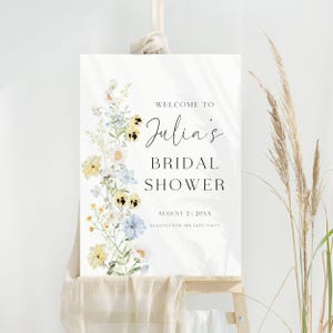 Letrero de bienvenida para despedida de soltera, letrero floral azul y amarillo, elegante decoración para despedida de soltera, plantilla editable de Canva, póster de bienvenida imprimible