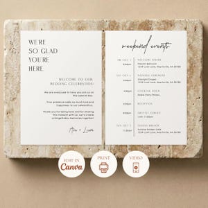 May include: A wedding invitation suite with two white cards. The left card has text that reads "We're so glad you're here" and wedding details. The right card lists weekend events. The suite is on a textured, beige surface.
