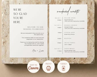 Modern Wedding Itinerary, Welcome Letter Weekend Schedule, Editable Canva Template, Digital Printable Download