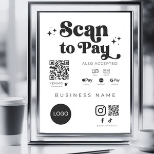 Bewerkbaar scan-to-pay-bord QR-codebordsjabloon canva, afdrukbaar betalingsbord, bord geaccepteerde betalingen, CashApp Venmo-bord aanpasbaar