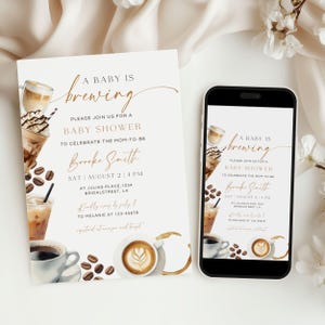 Coffee Baby Shower Invitation Template, A Baby is Brewing Invite, Gender Neutral Editable Canva Download