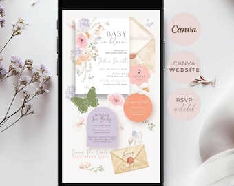 Baby in Bloom Baby Shower Website Invite, Animated Evite, Editable Canva Template, Trackable RSVP