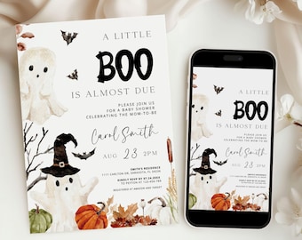 Little Boo Baby Shower Invitation, Pumpkin Ghost Canva Template (Digital Download)