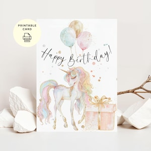 Cartão de aniversário de unicórnio, cartão de feliz aniversário para imprimir para crianças, saudação mágica de arco-íris, download instantâneo, cartão fofo de unicórnio