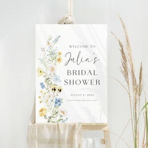 Letrero de bienvenida para despedida de soltera azul y amarillo, letrero floral para despedida de soltera, plantilla elegante de Canva, póster imprimible para fiesta.