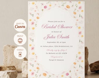 Wildflower Garden Party Bridal Shower Invitation, Editable Canva Template, Digital Printable Download