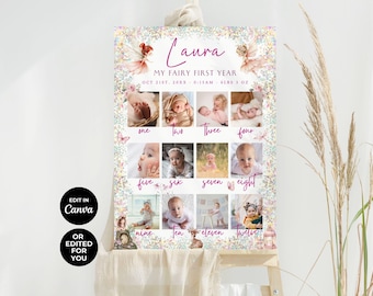 Fairy First Birthday Photo Collage Poster: Editable Milestone Sign (Digital Download)