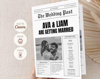 Newspaper Wedding Program, Folded Ceremony Guide, Editable Canva Template, Digital Printable Download
