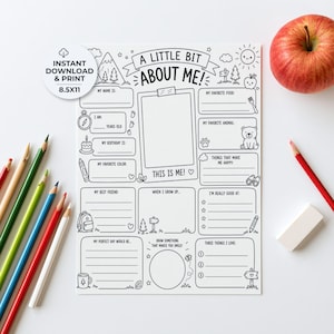 May include: A white paper sheet with black line art titled A LITTLE BIT ABOUT ME, featuring fill-in-the-blank sections for personal details, a central photo frame, and small illustrations like a bear, sun, and mountains, with coloured pencils and an apple.