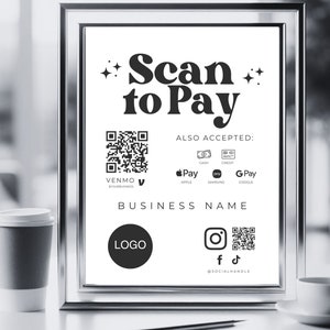 Sjabloon Retro scan-to-Pay-bord Canva QR-code afdrukbaar betalingsbord, bord geaccepteerde betalingen, CashApp Paypal Venmo, contact met ons opnemen
