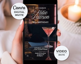 Luxury Cocktail Birthday Video Invitation, Elegant Party Evite, Editable Canva Template