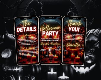 Digital Halloween Party Invitation, Animated Scull Pumpkin Party Video Invite, Gothic Rose Horror eCard, Self Editable DIY Itinerary eCard
