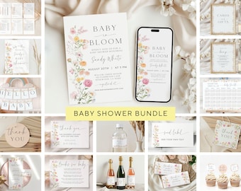 May include: A baby shower invitation bundle with a floral theme. The invitation features a watercolor floral design with the text "Baby Bloom" and the date and time of the event. The bundle also includes a variety of other printable items, such as thank you cards, food labels, and cupcake toppers.